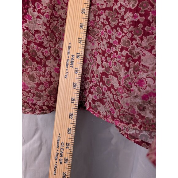 American Eagle Chiffon Blouse Womens L Red Ditzy Boho Floral Peasant Top Sheer - Picture 5 of 6